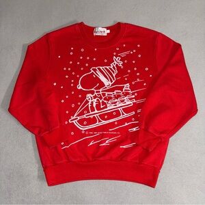 Vintage 80s Snoopy Woodstock Christmas Sled Sweatshirt Size M Pop Art Cartoon